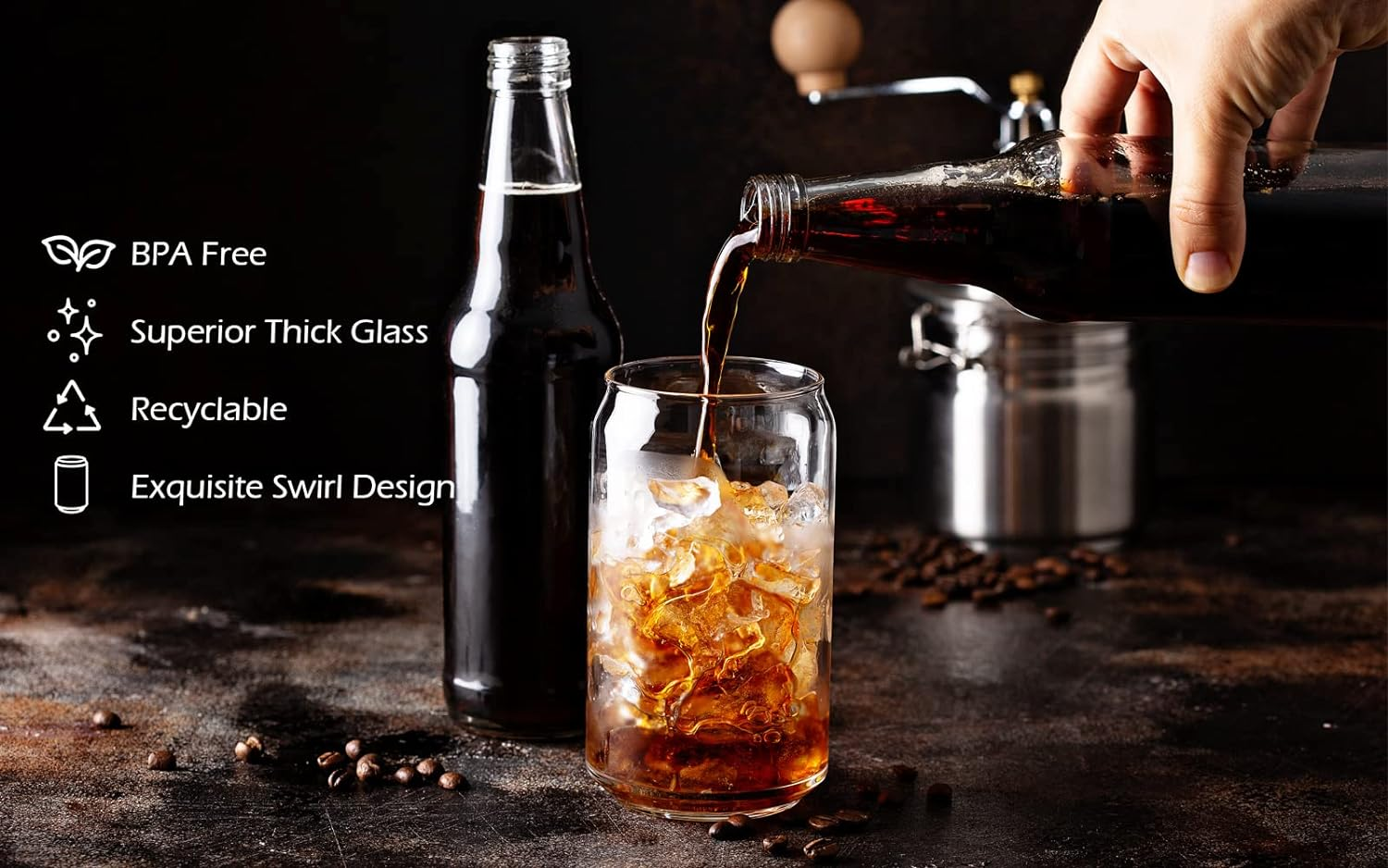 Drinking Glass Set of 4, 500Ml Can Shaped Glasses Cups, Iced Coffee Glasses, Beer Tumbler, for Whiskey, Soda, Tea, Juice, Gift, with Lid, Straw and Sleeve - Set Of 1 image number 6