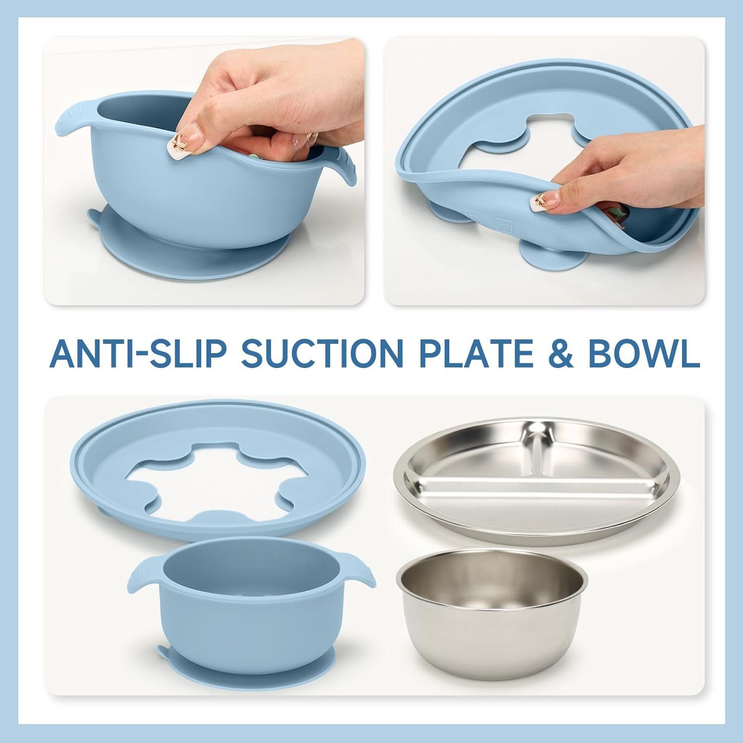 6-Piece Baby Stainless Steel Feeding Set - Bowl, Plate, Cup, Spoon, Fork & Bib | 100% Food-Grade 304 Steel with Removable Silicone Sleeves | Dishwasher-Safe Toddler Tableware (Blue) - Blue image number 4