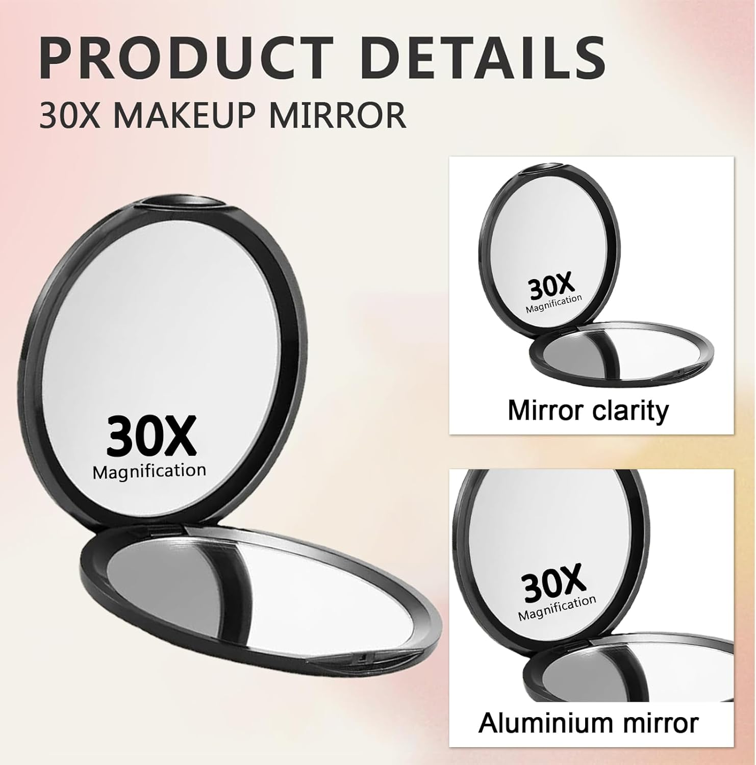Evadollina Compact Pocket Mirror with 1X/30X Magnification, Ideal for Travel, 30X Magnifying Mirror, Christmas Gifts (Black) image number 4