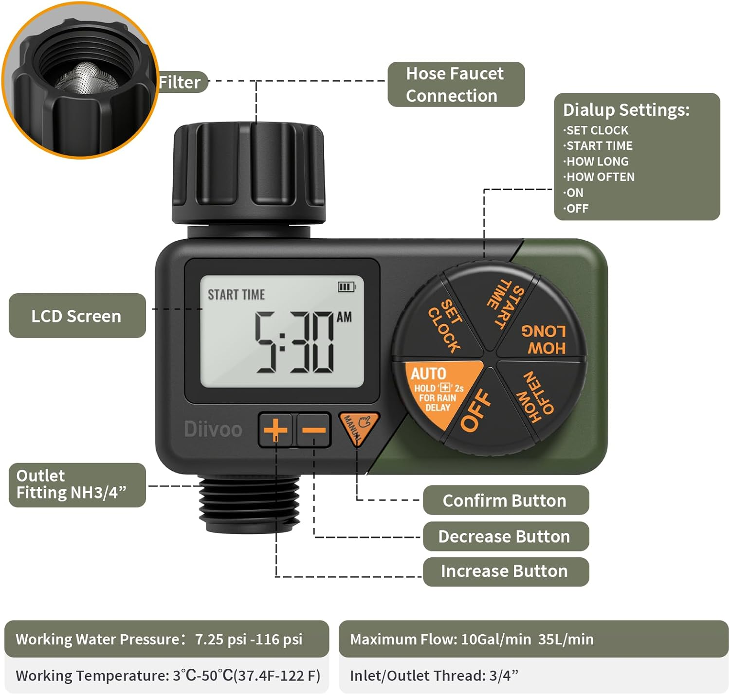 Water Sprinkler Timer, Diivoo Irrigation Timer Tap Timer with Rain Delay and Manual Watering, Water Timer for Lawns and Gardens image number 6
