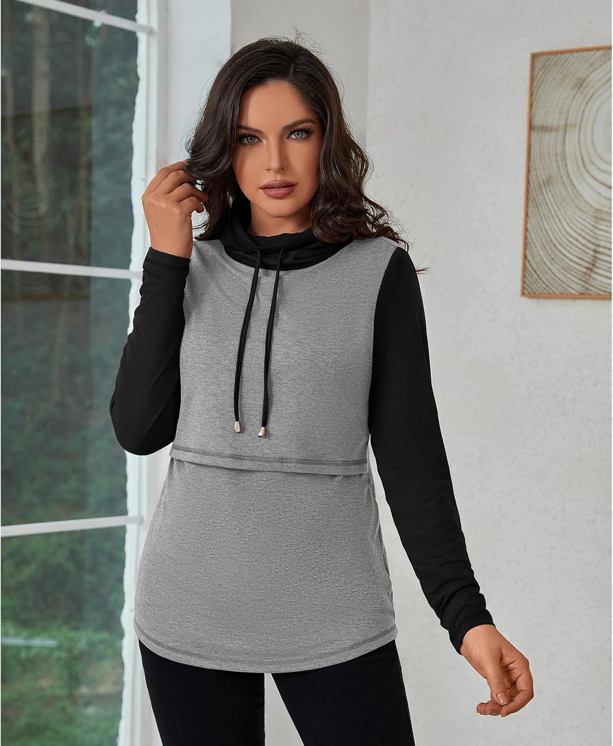 GINKANA Womens Nursing Tops Breastfeeding Sweatshirts Shirts Long Sleeve Drawstring Cowl Neck Nursing Tee Shirts Blouse image number 3