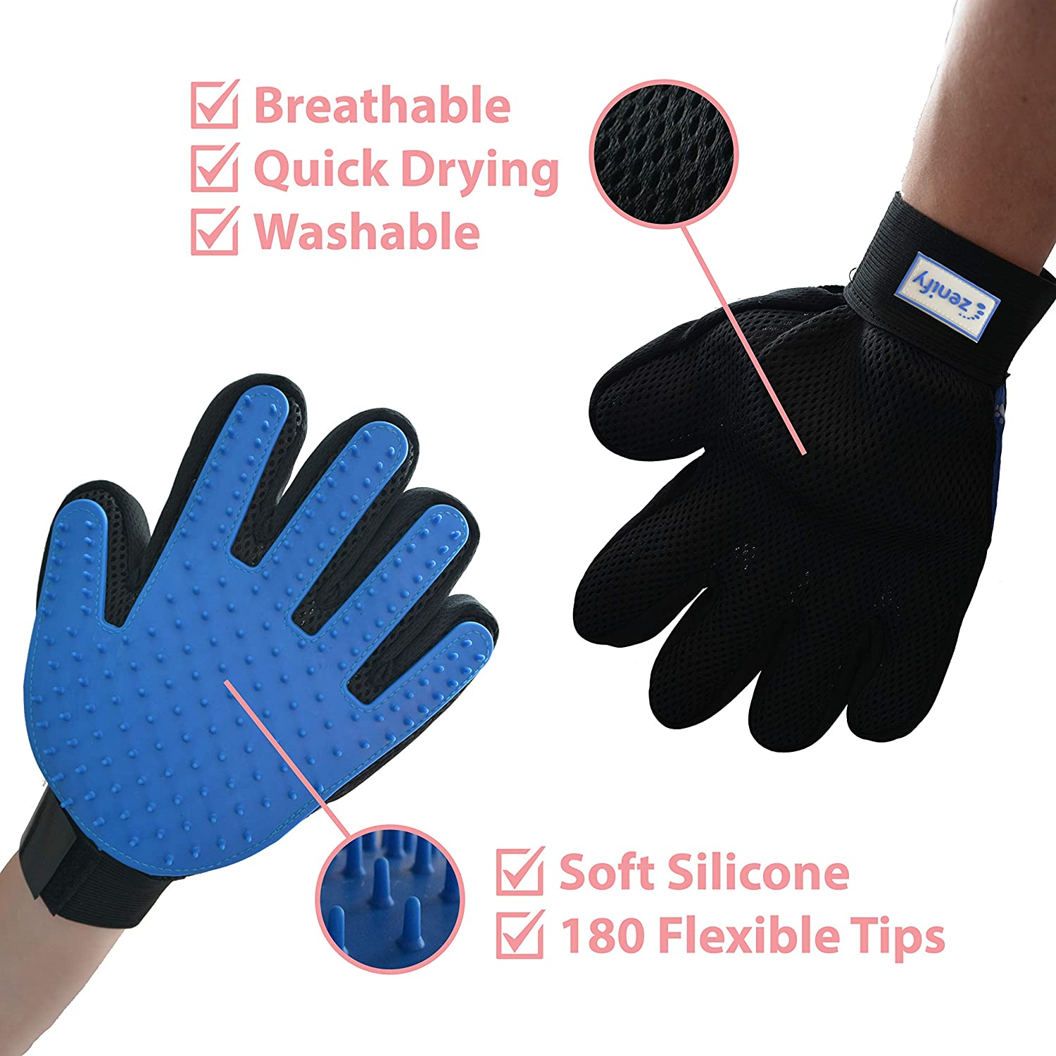Zenify Pet Hair Remover Dog Grooming Glove Cat Brush Fur Removal Groomer Supplies for Short Haired Cats Puppy Dogs Horses Rabbits Massager Silicon Deshedding Mitt Efficient Gift (Blue 2 Pack) - Blue Right Handed image number 7