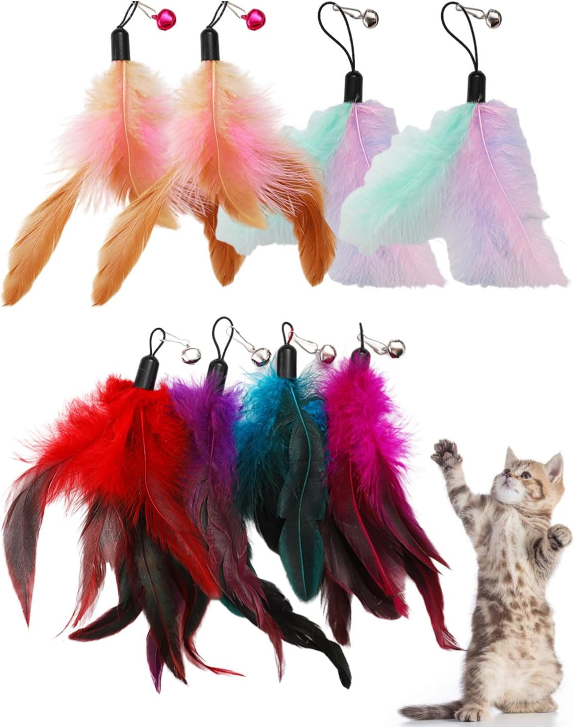 AORHOFJ Pack of 8 Replacement Heads for Cat Teaser Toys, Replacement Heads for Cat Teaser Sticks, Interactive Cat Toy Feathers, Cat Hair Toy, Replacement Feathers with Bells image number 3