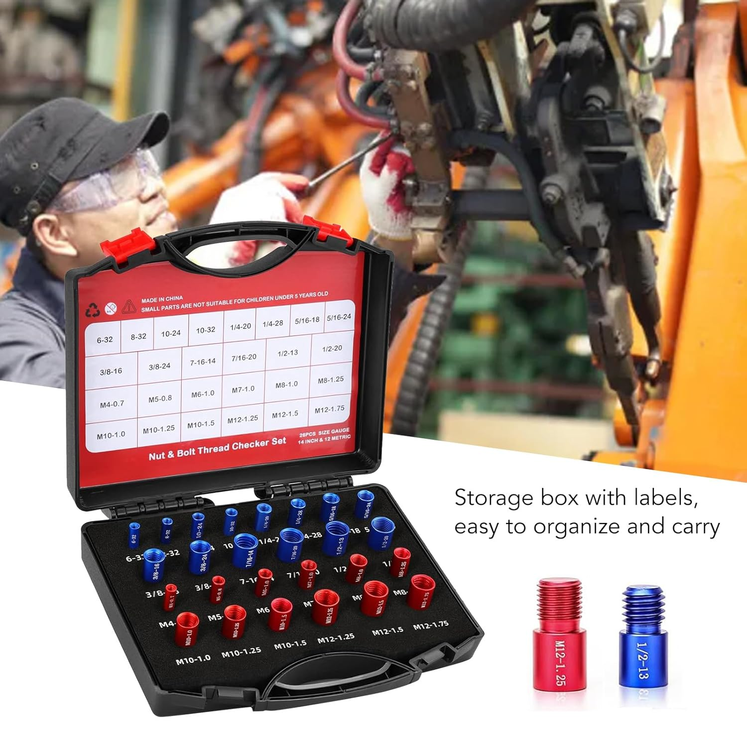 26Pcs Nut and Bolt Thread Checker, Nut and Bolt Measurement Tool Set, Nut Bolt Thread Size Identifier Gauge Tool with a Storage Box, for Maintenance Repair image number 6