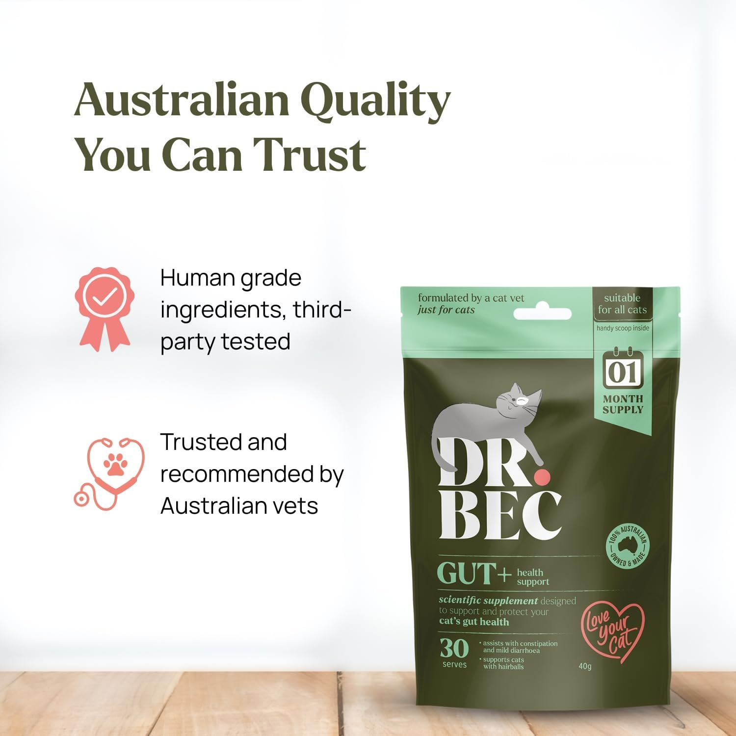 Dr Bec Gut+ Cat Supplement, with Prebiotics, Probiotics, Collagen and B12, Supports Digestive Health, Regular Digestion and Nutrient Absorption, Made in Australia, All Breeds and Ages image number 5