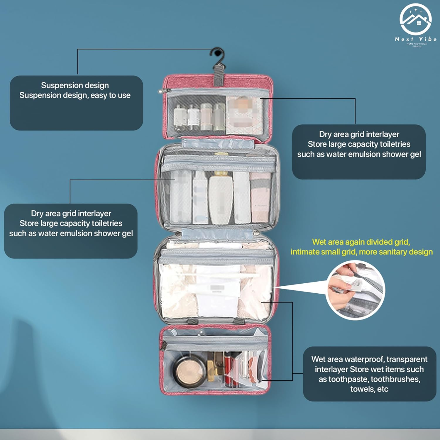 Toiletry Bag for Women in Pink &ndash; Large Travel Makeup Bag with Hanging Hook & Handle, Water-Resistant Organizer for Toiletries & Cosmetics Compact Multi-Pocket Storage Ideal for Travel & Daily Use image number 4