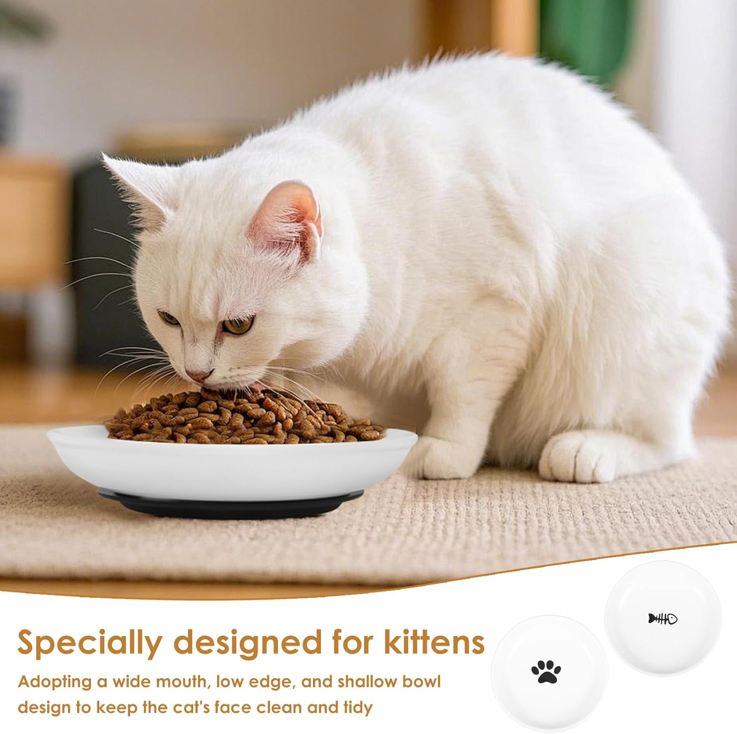 2/4Pcs Pet Plate, Raised Cat Food Bowl Ceramic Cat Dishes with Nonslip Silicone Base Pad Shallow Wide Kitten Bowls for Wet/Dry Food Indoor Pets (White 01) - White 01 image number 2