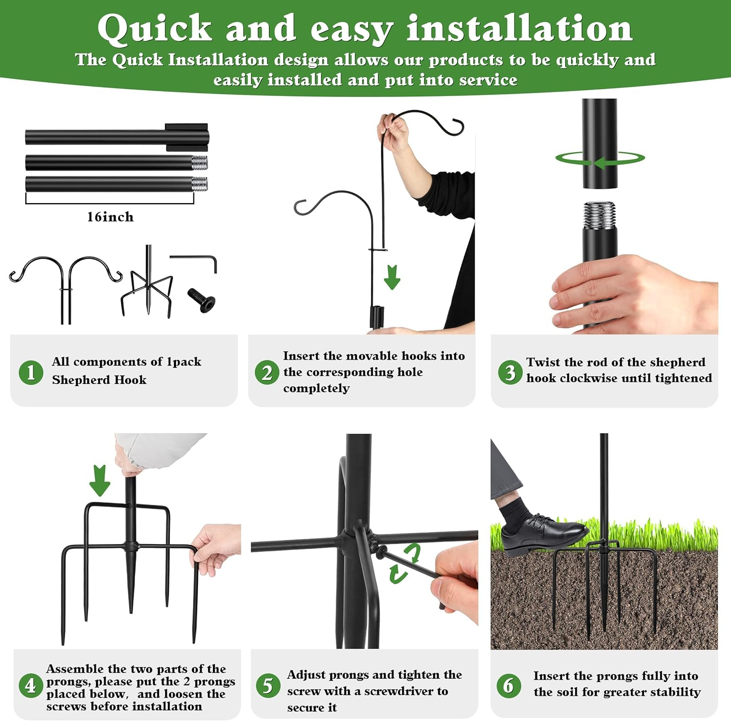 Double Shepherd Hooks for Outdoor, XICEN 79 Inch Heavy Duty Bird Feeder Pole for Hanging Bird Feeder, Garden Hooks Plant Baskets, Garden Plant Hanger Stands with 5 Prong Base (Black-2 Pack) image number 1