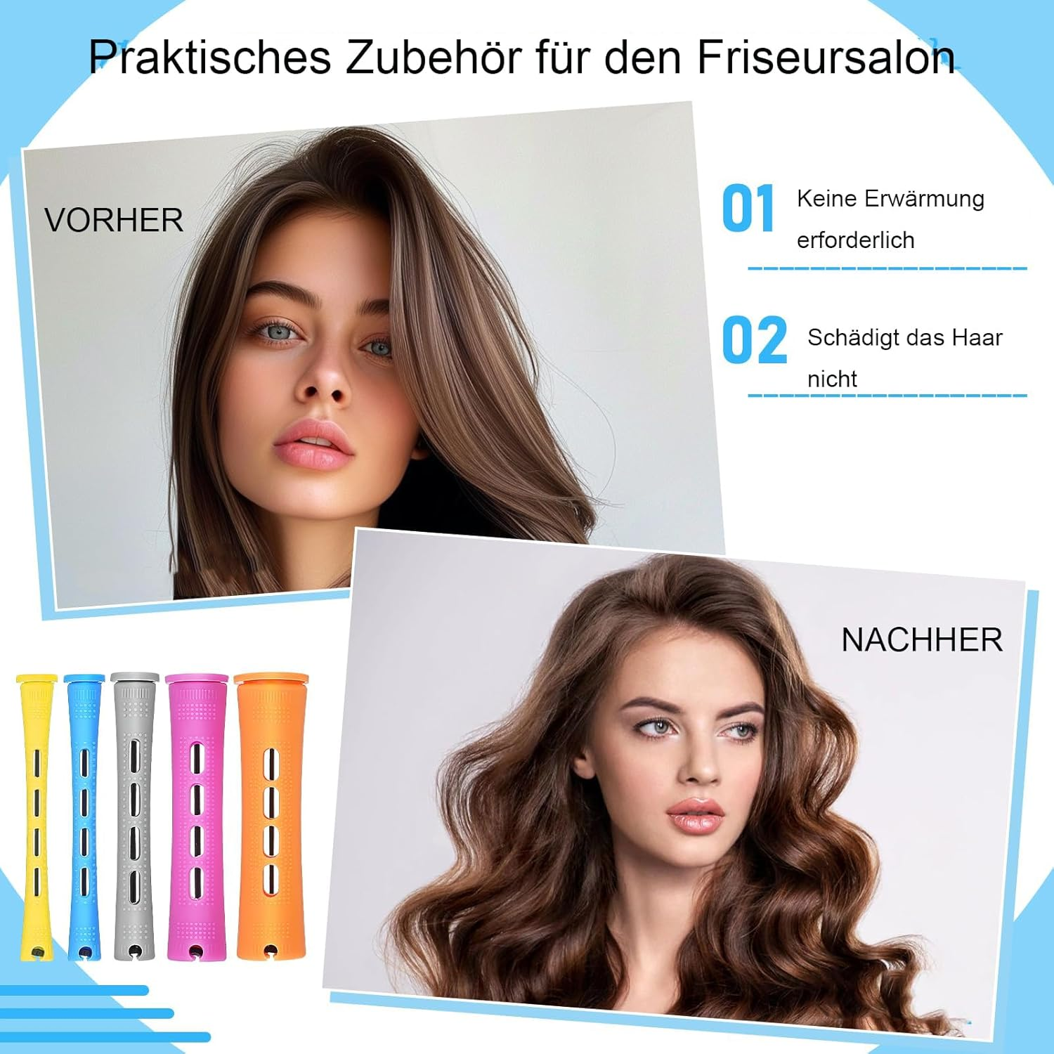 Pack of 300 Perm Rollers, Small Hair Rollers in 5 Sizes, Hair Rollers with Elastic Band for Long & Short Hair, Natural Large Medium Small Curls, 0.7/0.9/1.5/1.9/2.2 Cm image number 5
