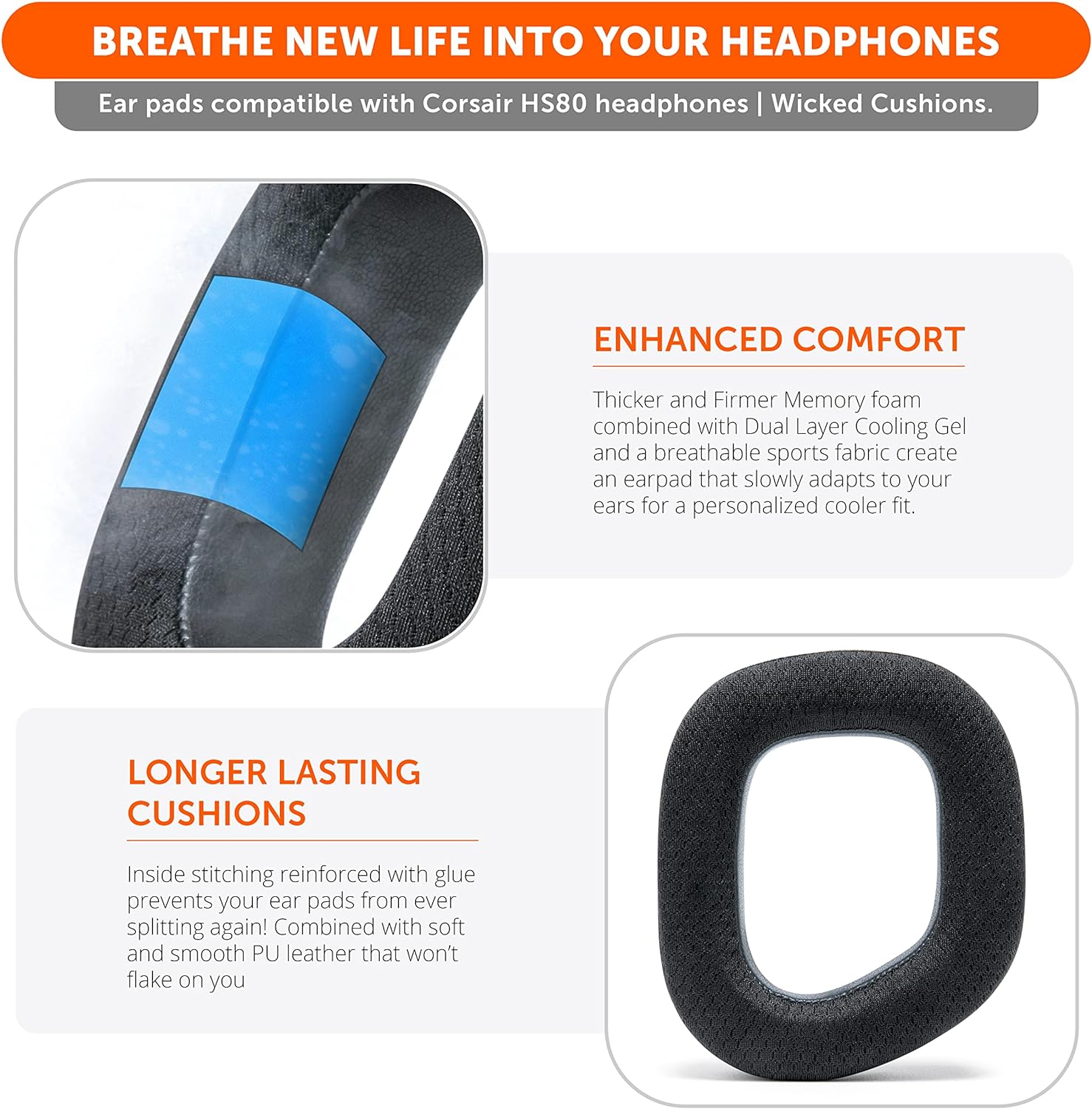 WC Freeze HS80 - Cooling Gel Earpads for Corsair HS80 RGB Wireless, Wired, & HS80 Max by Wicked Cushions - Elevate Comfort, Thickness & Sound Isolation for Epic Gaming Sessions | Black - Black Camo image number 4