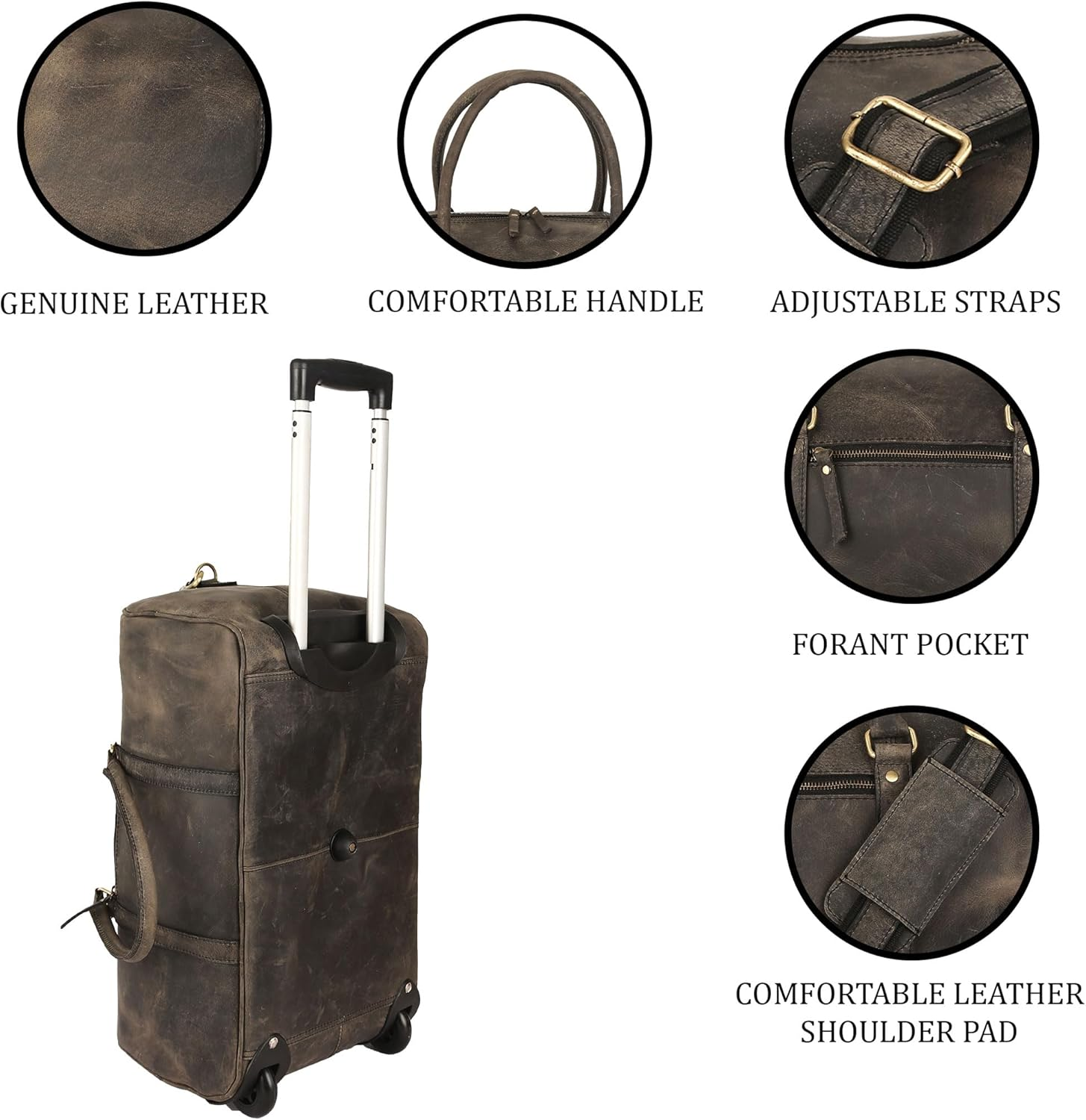 Leather Rolling Travel Duffle Bag for Men Women 21 Inch with Wheels Sports Overnight Weekend Duffel Gym Cabin Holdall with Wheels for Easy Carry image number 6