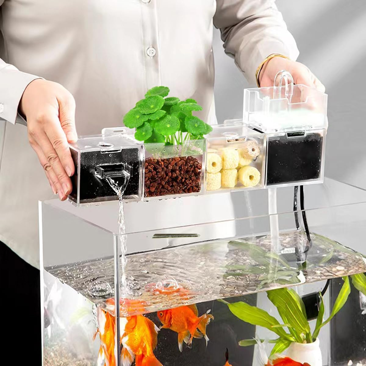 2 PCS Adjustable Fish Tank Filter Box with Built-In Mute Circulation, Oxygen-Increasing Three-In-One Purifier for Turtle Tanks, Aquarium Wall-Mounted Water Cleaner, Suitable for 12Mm Thick Walls image number 1