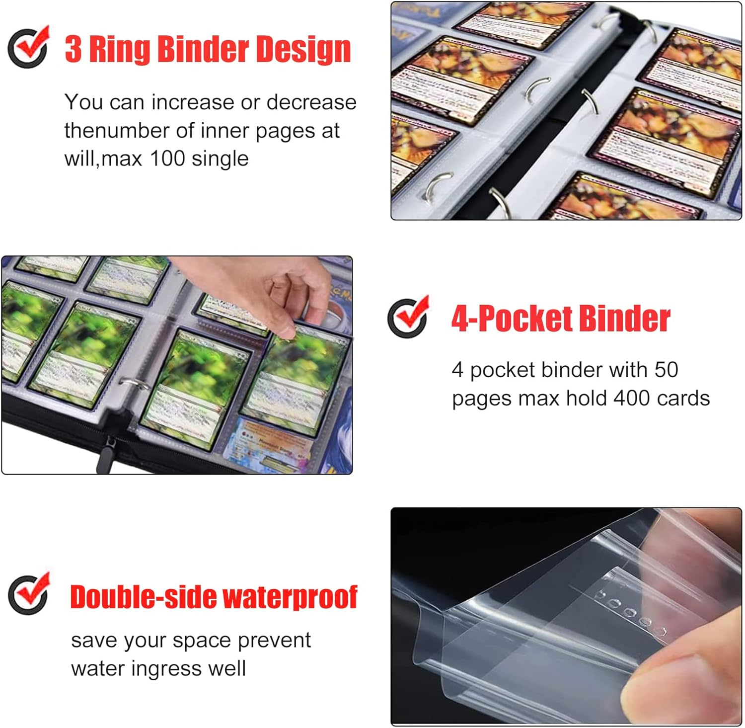 400 Pockets Trading Card Binder for One Piece Cards,Portable Waterproof Card Storage Book with Removable Sleeves, Children Gifts for Anime, Game, MTG and TCG Cards image number 6