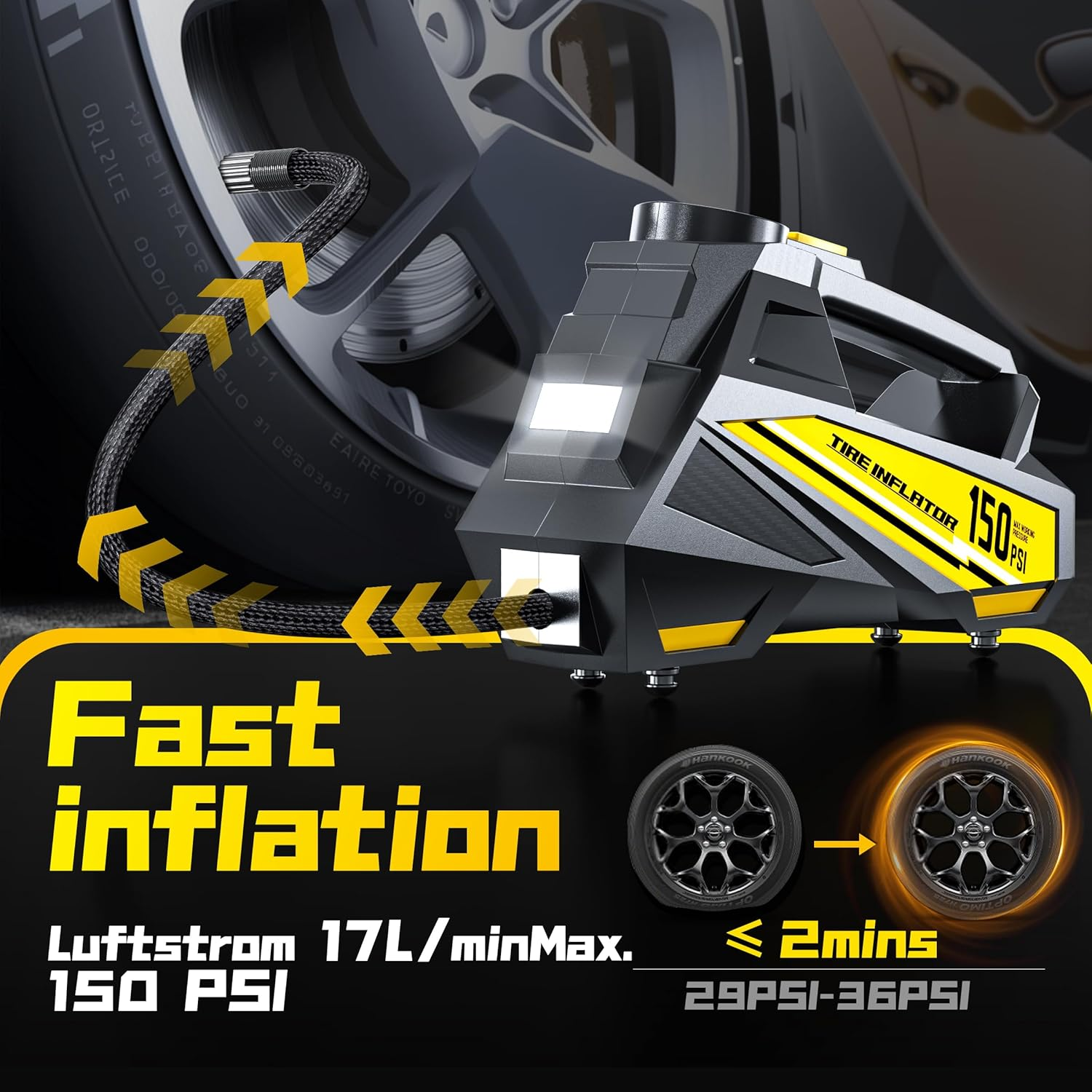 Zumist Tyre Inflator Car Air Compressor - 150PSI Portable Air Pump Car Accessories, DC 12V Fast Inflation Electric Tire Pump with Digital Pressure Gauge, LED Light & Auto Shutoff for Motorcycle, Bike image number 5