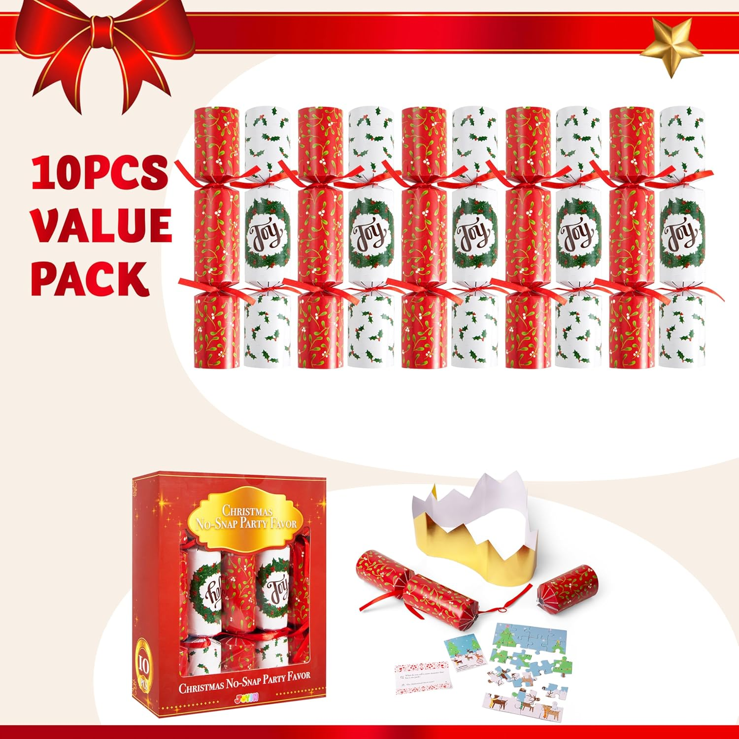 JOYIN 10 Pack 10&rdquo; Christmas Party Favor Non-Snap with Classic Design, with Party Hat, Joke & Little Gift Inside, for Xmas Gift, Christmas Seasonal Holiday Dinner Traditions image number 5