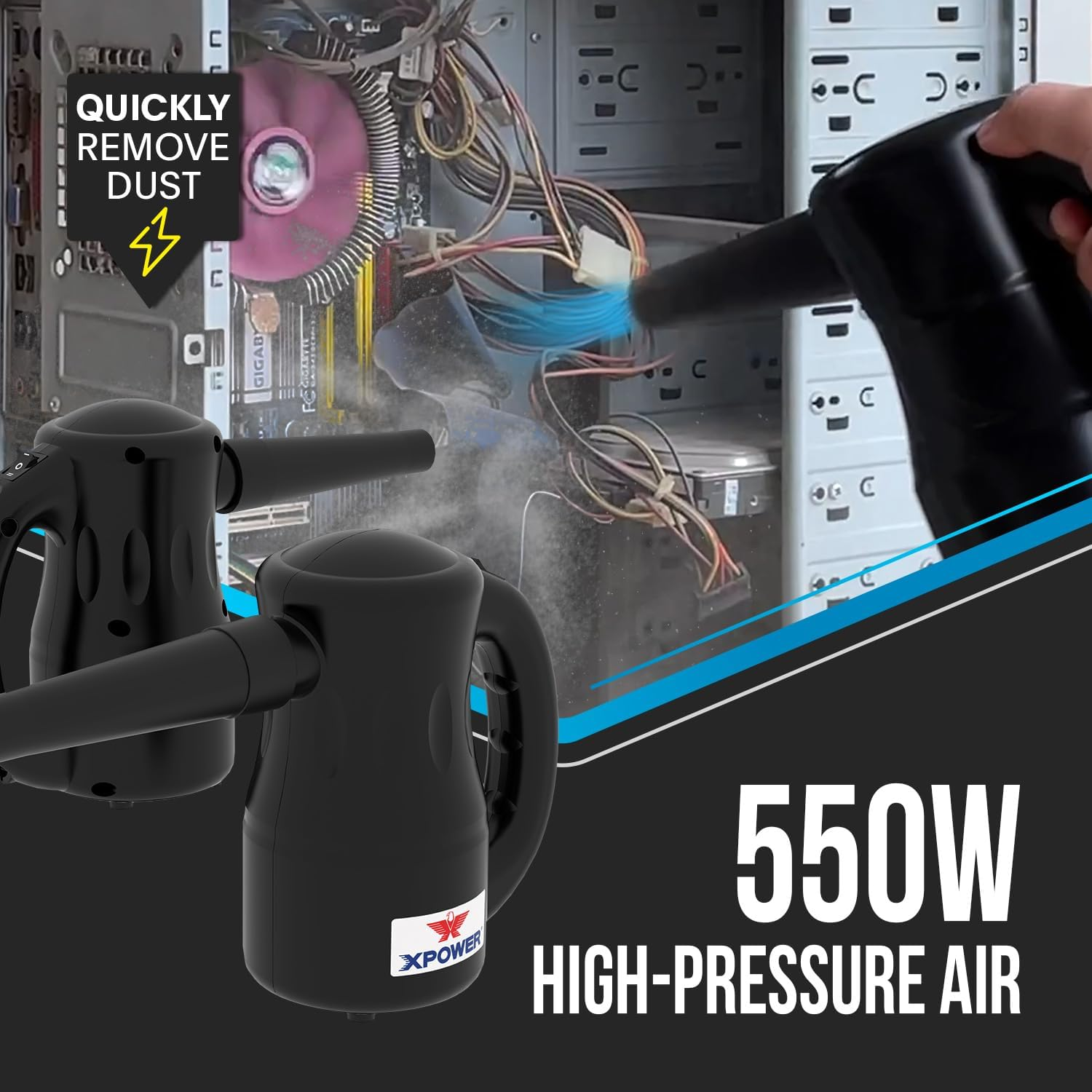 XPOWER Electric Air Duster for Dusting Drying Inflating Blowing Car Detailing Computer Leaf Blowing (Black, A-2)