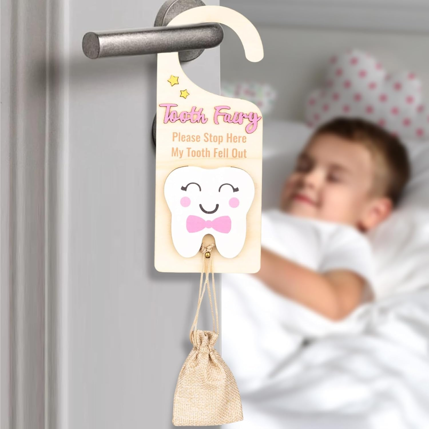 Tooth Door Hanger - Tooth Fairy Box with Money Slot,Wooden Keepsake Box with Pouch for Kids Boys Girls Home Decoration image number 2