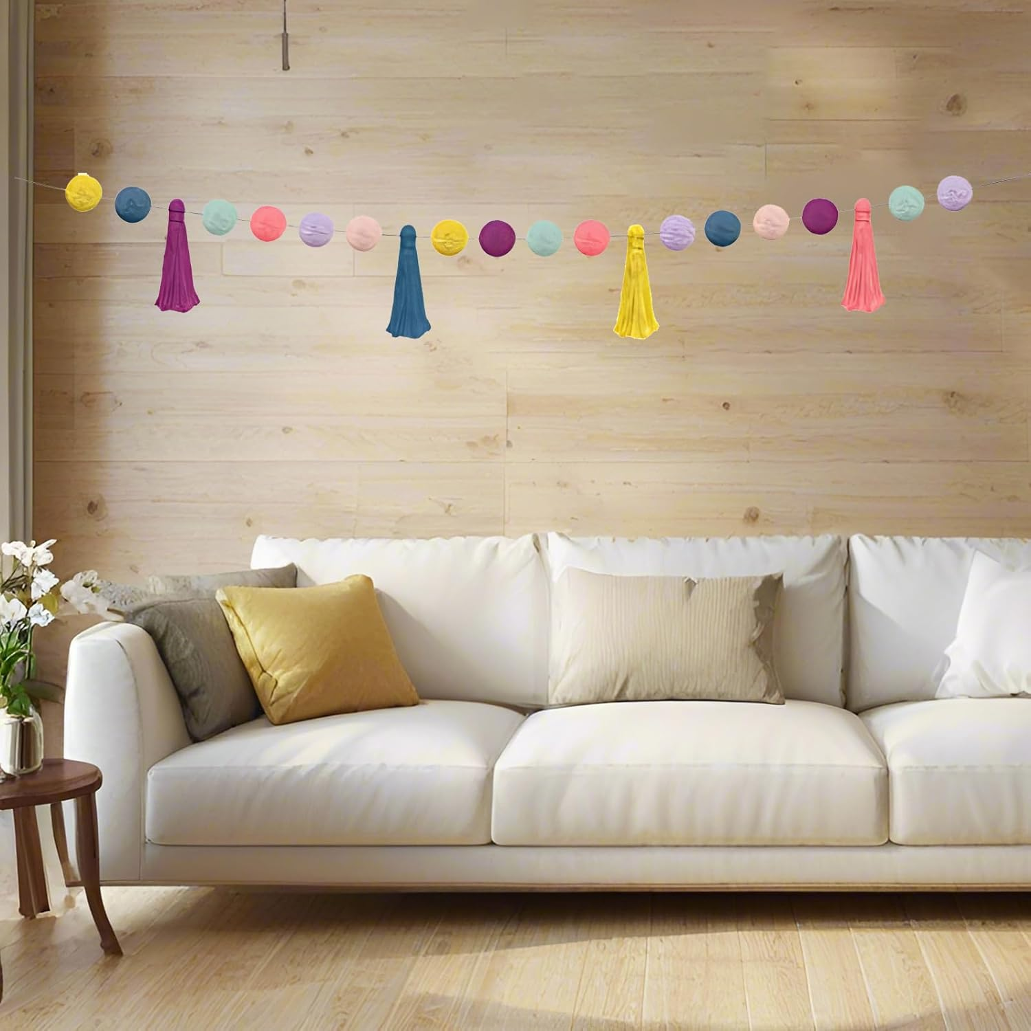 Pom Pom Garland for Classroom Boho, 74.8 Inch 16 Felt Ball Bulletin Board Garland, Colorful Yarn Tassel Banner Garland, Hanging String Decorations for Party Desk Nursery Wall Decor (Black & White) image number 6
