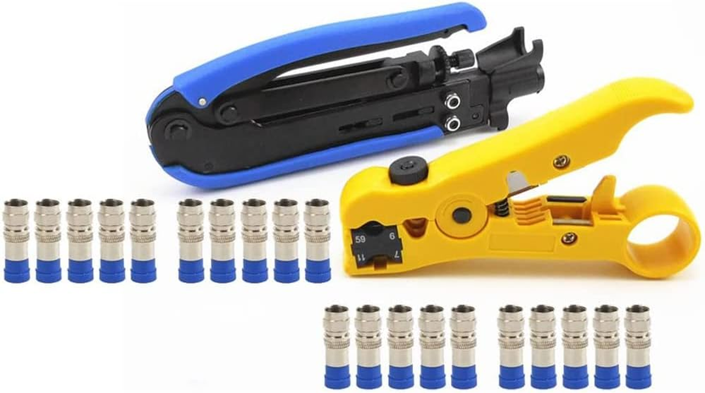 ZONADA F-Connector Crimper Stripper Cutter Set for Coax Coaxial Cable RG6 RG59 RG11 Hand Compression Crimping Cutting TV Cable Hand Tool 20X F Compression Connectors Included image number 4