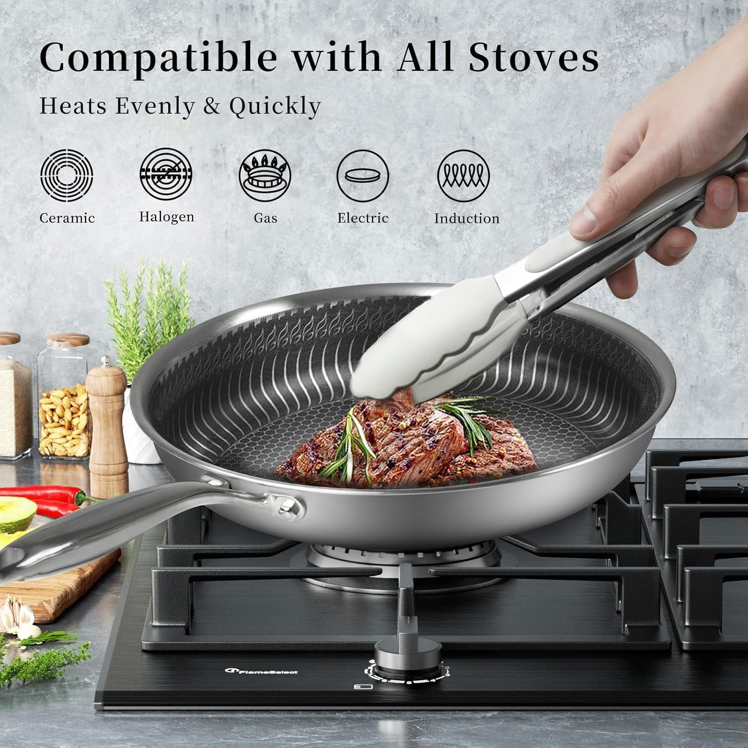 Stainless Steel Frying Pan Nonstick Frying Pan with Lid 12 Inch/30Cm Honeycomb Stainless Steel Skillet Woks Pan for Gas Electric Induction Ceramic Stoves and Oven image number 4
