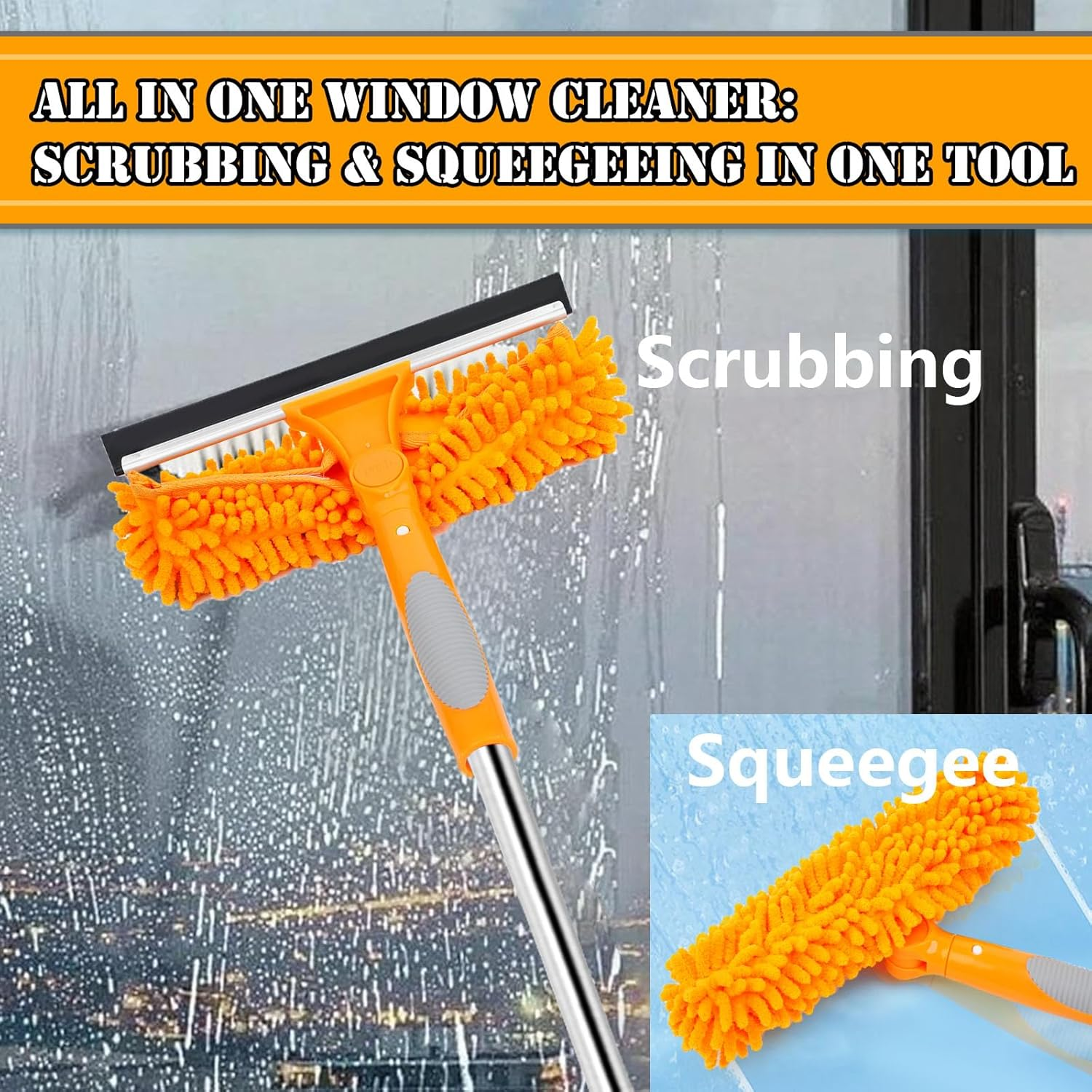 Lapluied 4M/157" Long Reach Window Cleaning Equipment, 3 in 1 Telescopic Window Cleaner, 270&deg; Rotating Squeegee Window Cleaning Kit with 10 Extendable Pole for Indoor/Outdoor High Window,Orange image number 1