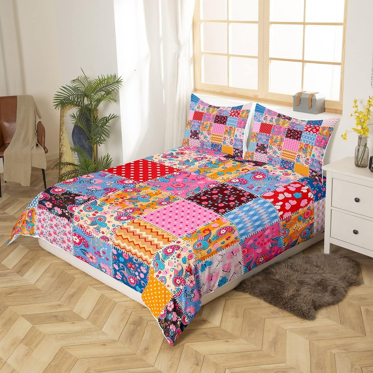 Manfei Floral Grid Patchwork Duvet Cover Set S Size, Vintage Paisley Flowers Dots Stripes Check Comforter Cover Romantic Boho Style Bedding Sets Children Girls Women Colourful Rustic Quilt Cover image number 3