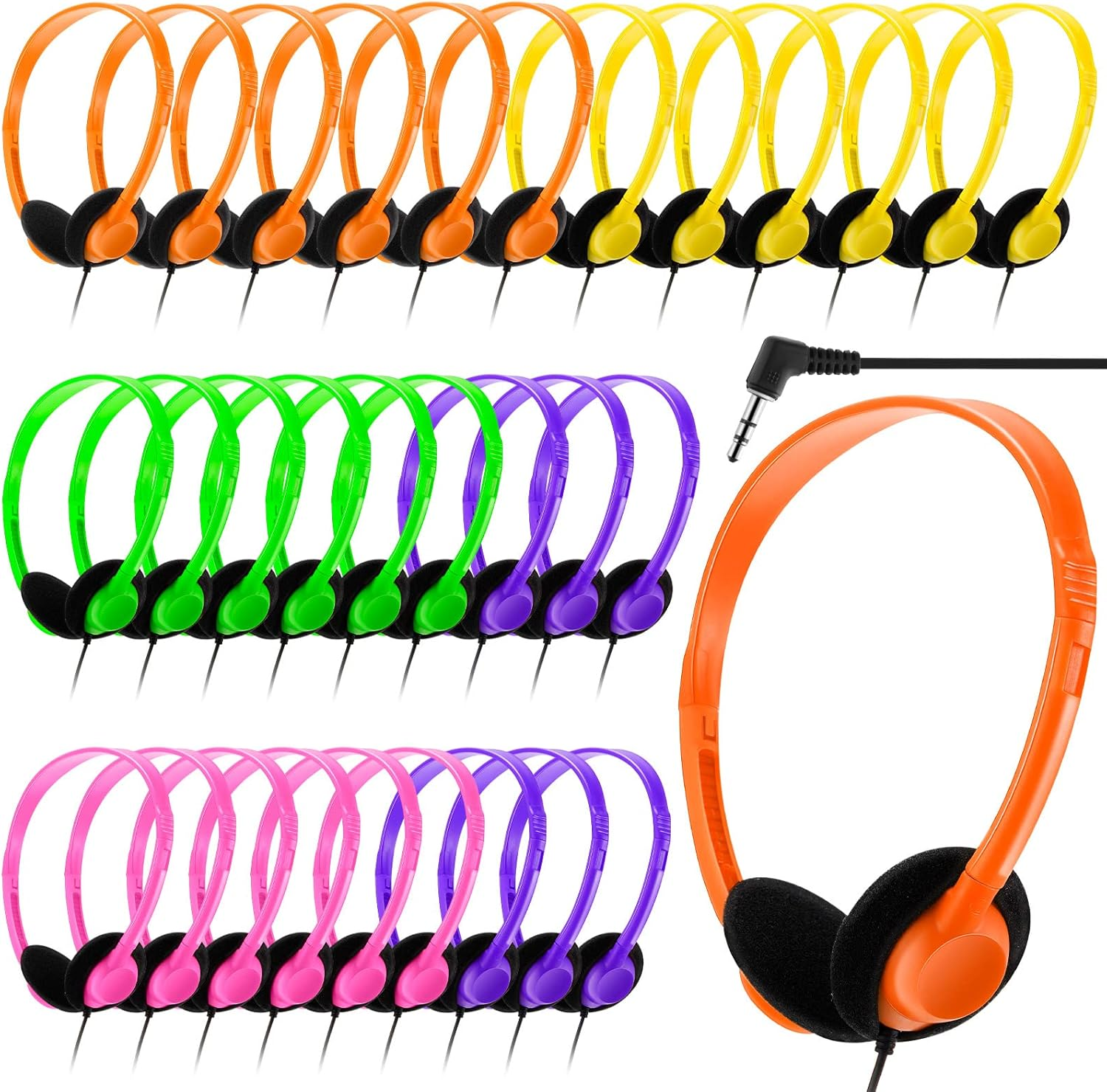 30 Pack Class Set Headphones for Kids School Earphones over Head Bulk Colored Classroom Headphones on Ear Earbuds Adjustable with 3.5 Mm Jack for Libraries Students Teens Adults (Light Color)