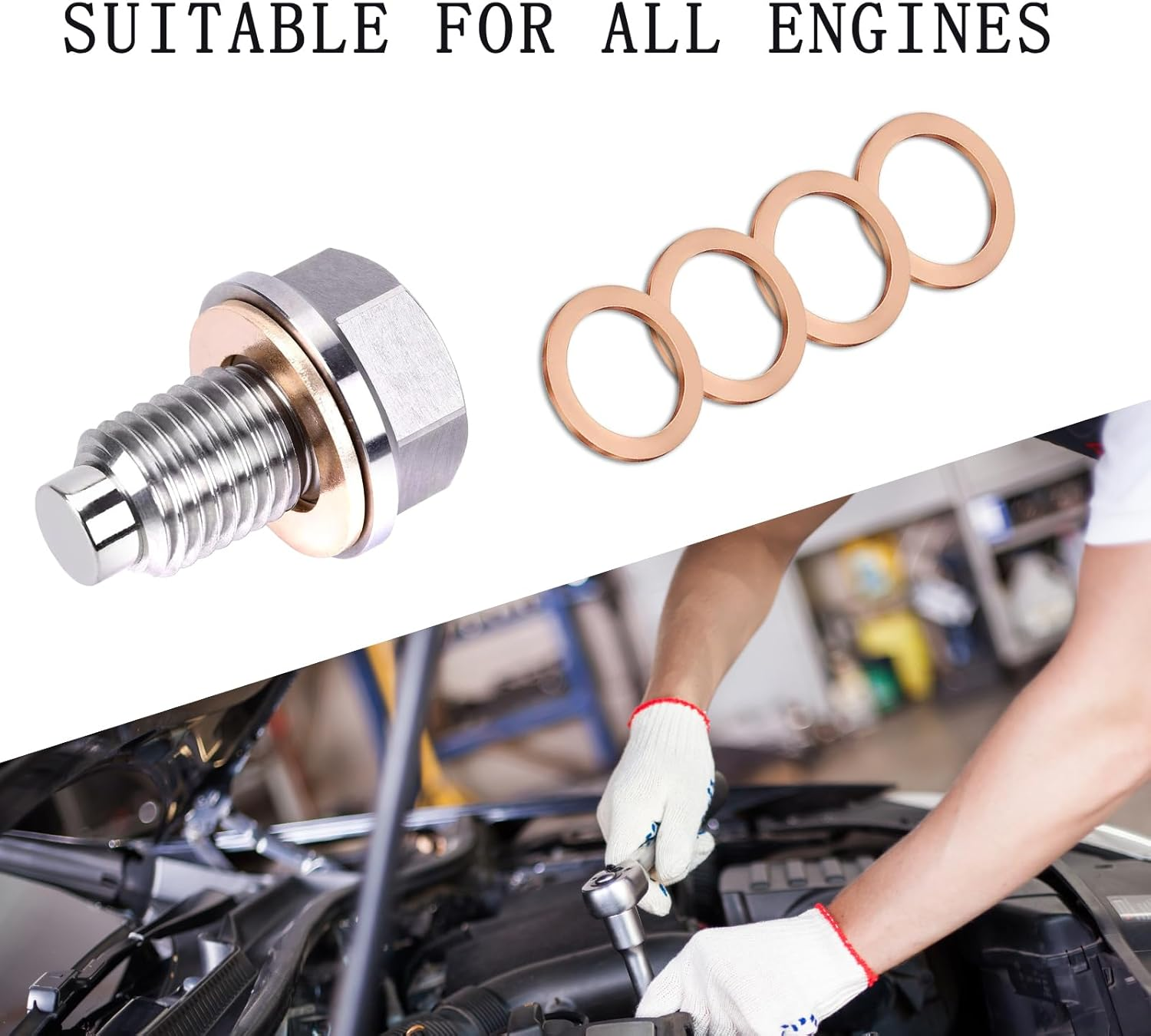 M14X1.5 Magnetic Oil Drain Plug, Magnetic Stainless Steel Oil Pan Drain Nut Bolt with 5PCS Copper Crush Washer anti Leakage, Universal Leak-Proof Replacement,Fits Most Cars,Motorcycles,Boats