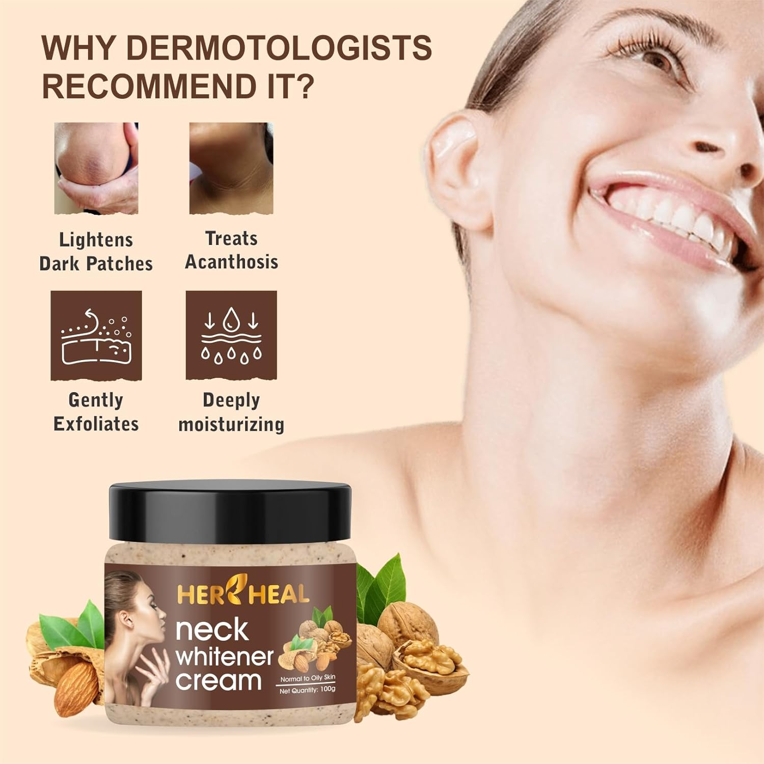 HER HEAL Neck Cream for Acanthosis Nigricans | for Dark Body Parts like Neck, Ankles, Knuckles, Armpits, Thighs, Elbows| Exfoliant 100Gm PACK Of-3(300Gm) image number 1