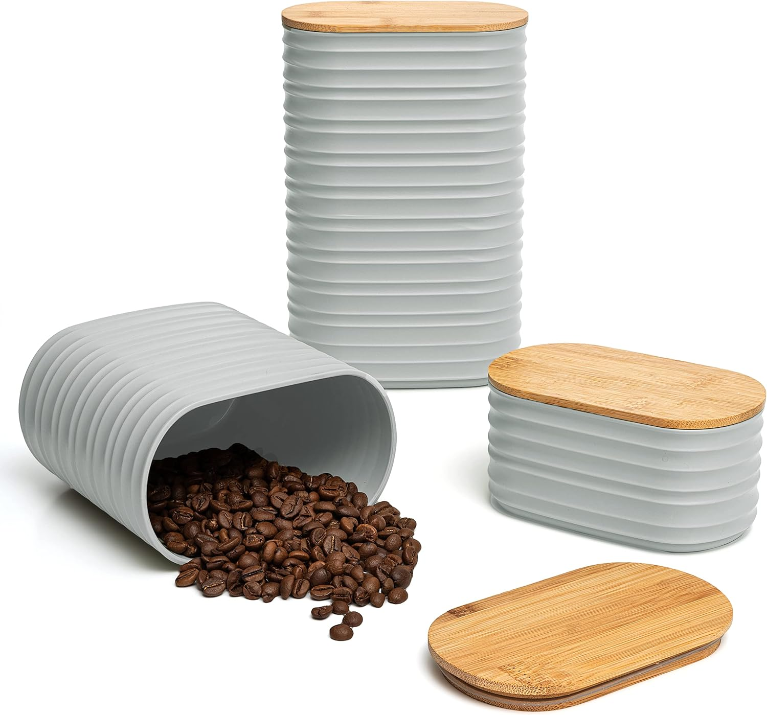 Mixpresso Olive Green Canisters Sets for the Kitchen &ndash; 3-Piece Airtight Plastic Sugar Container Set with Bamboo Lids in Three Different Sizes &ndash; Decorative Modern Storage Jars for Coffee &Tea