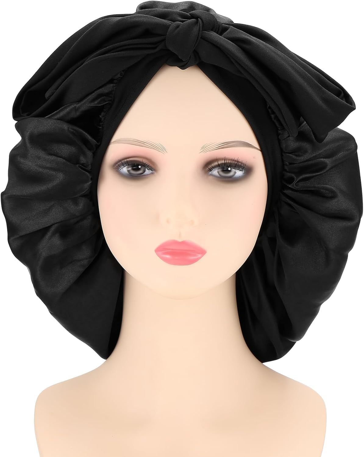 ZUJIACUN Large Satin Shower Cap, Double Adjustable Tie Strap to Protect Curly, Natural, Braided Hair - Perfect for Evening, Gym, Yoga (Black + Red) image number 5