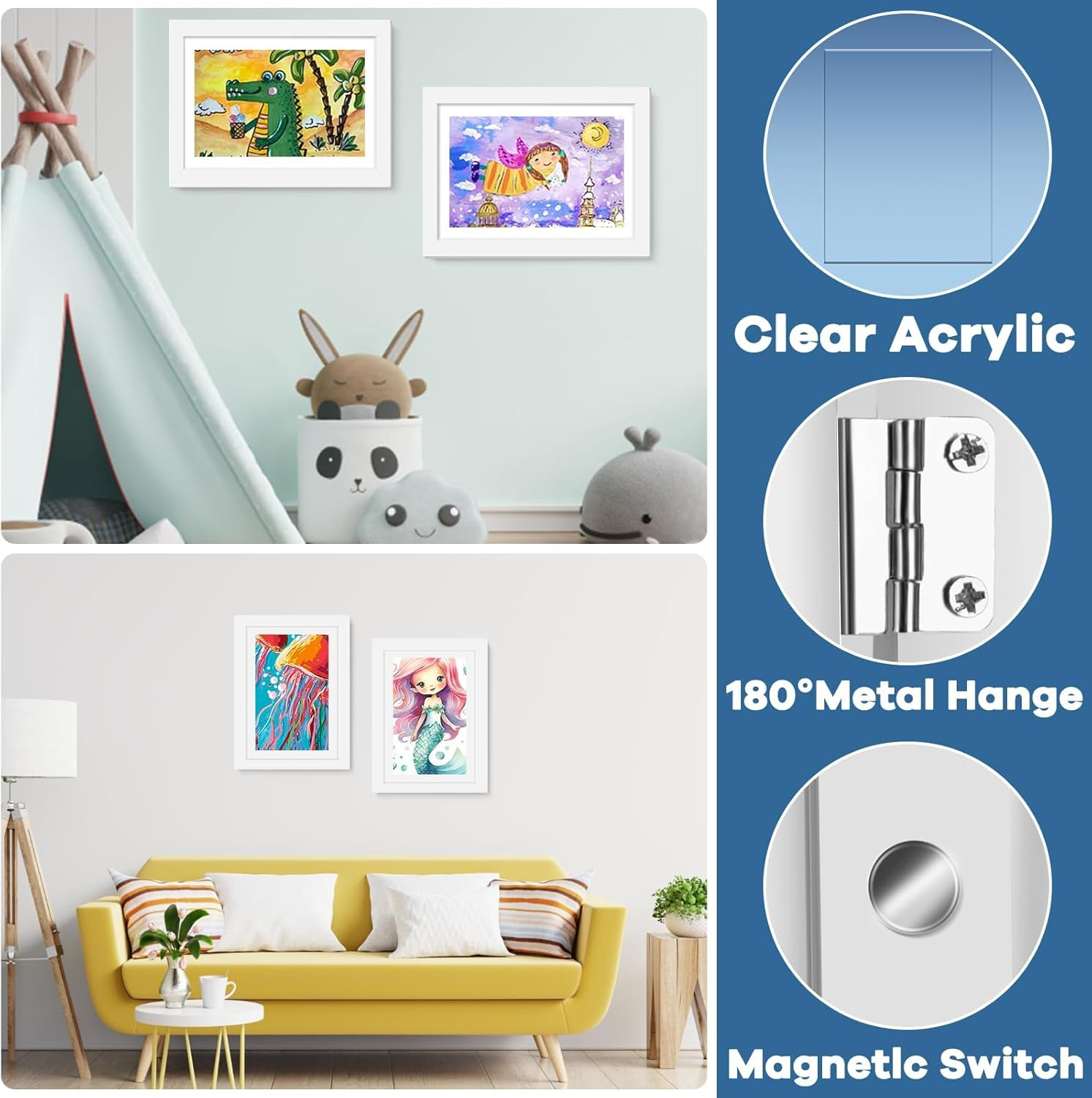 A4 Kids Art Frames 4 Pack Kids Artwork Flip Frame Changeable for Picture Display, Children School Drawing Projects Storage, Horizontally Vertically Wall Hanging, Storage A4 120 Pictures (White)