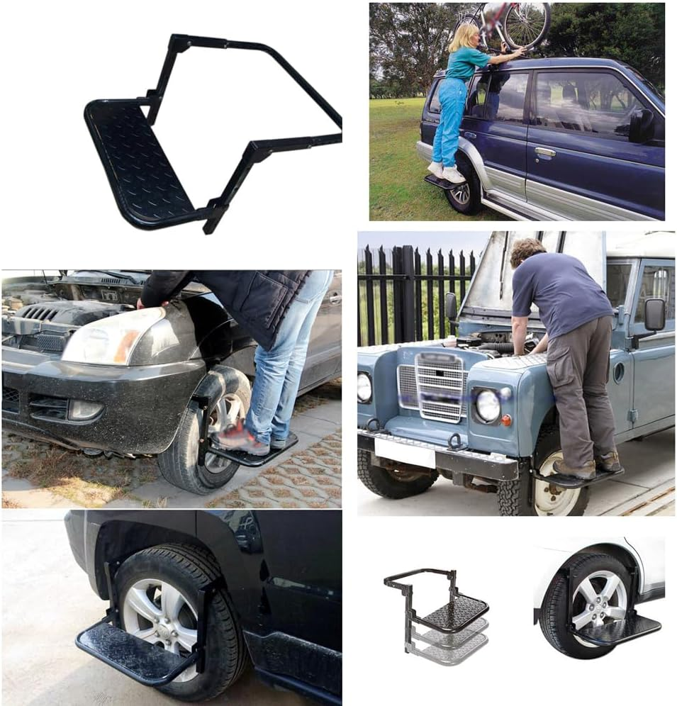 Heavy Duty Tire Step Foldable Car Ladder with Adjustable Height and Width Anti-Slip Surface Max. Load 150Kg/330Lbs for Truck SUV Off-Road Vehicle