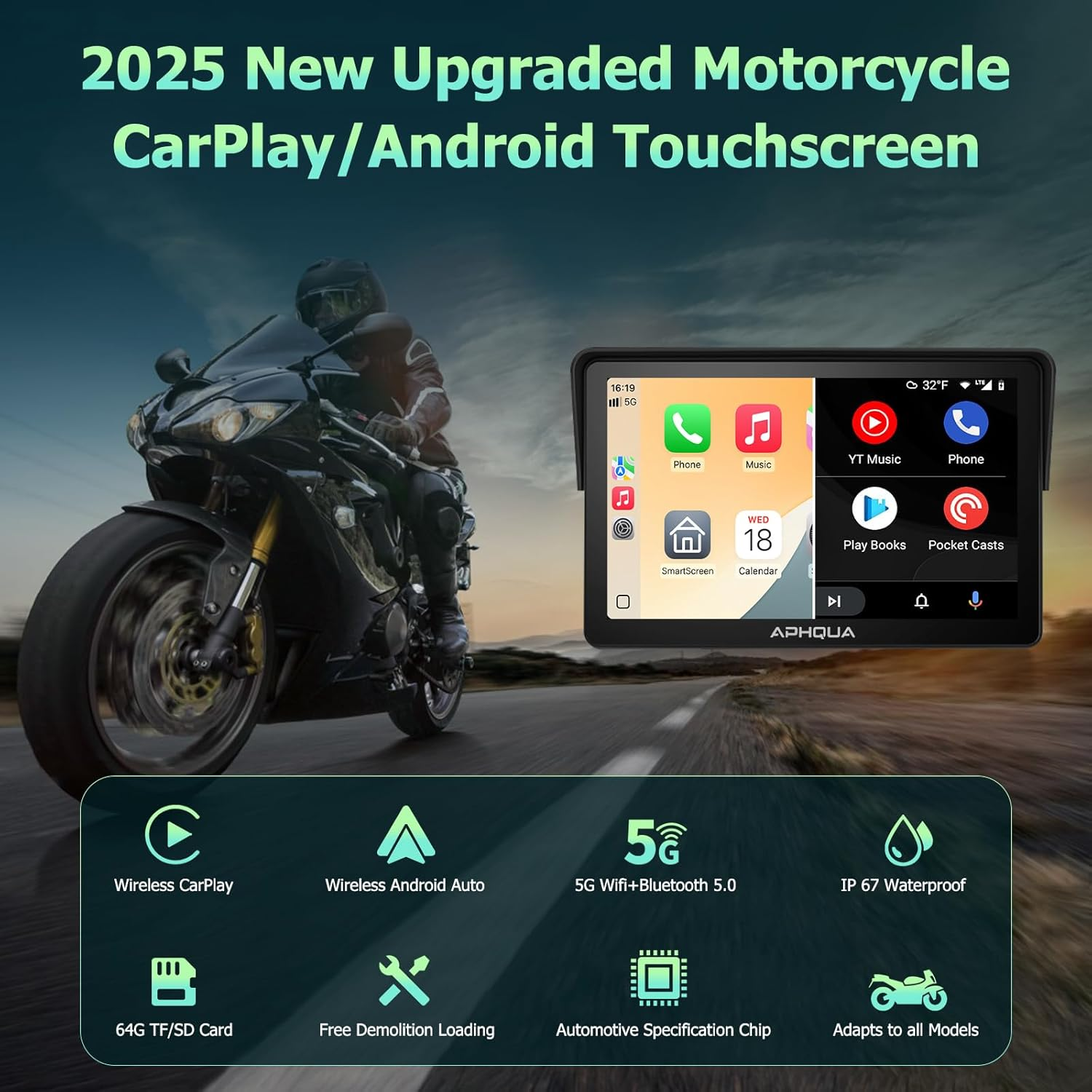 APHQUA Motocycle Carplay-7-Inch Motorcycle GPS Navigation System with Apple Carplay & Android Auto, Waterproof Touchscreen, Bluetooth, IP67 Waterproof for Motorbike, Support Siri & Google Assistant image number 1