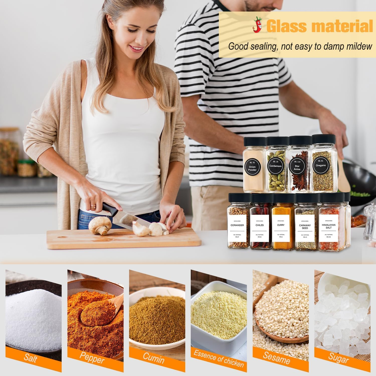 24 Pcs Spice Jars with Labels, Yakiter 120 Ml Glass Spice Jars with Black Seal Lid and Funnel, Kitchen Sealed Storage Jar with Lid, Empty Spice Jar for Kitchen, Cabinets, Drawers (24 Bottles) image number 4