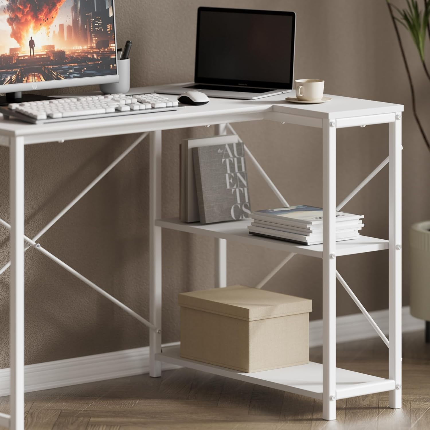 Zinus 100 Cm L-Shaped Computer Desk with Storage Shelves, Corner Desk, Metal Legs, Modern Simple Writing Table, Perfect for Small Space, White