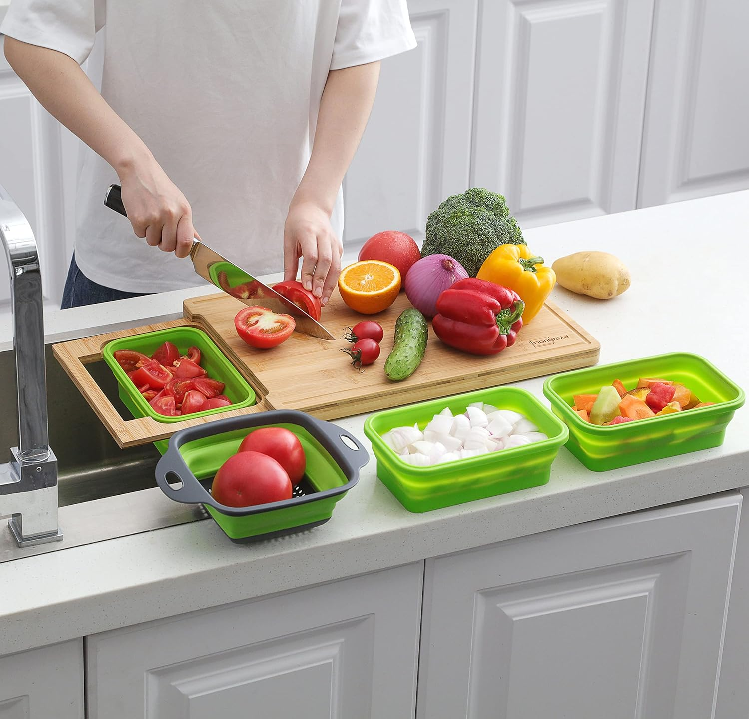 Expandable Bamboo Cutting Board with Containers,Over the Sink Cutting Board for Kitchen,Meal Prep Deck for Food (Green)