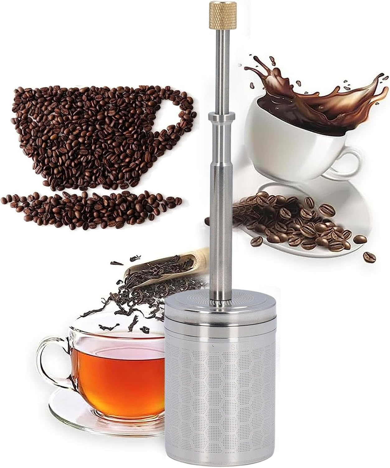 Coffee and Tea Maker, Stainless Steel Reusable Press Metal Tea Strainer Full Extraction Convenient and Efficient Coffe Maker for Home, Office, Outdoor Travel image number 5