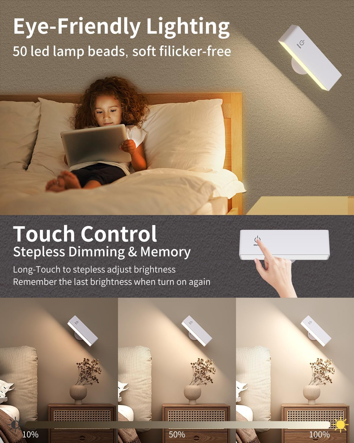 Detarzinled 2Pcs Rechargeable Wall Lights for Bedroom, Wireless Battery Operated Wall Sconces Set of 2, White 360&deg; Rotate Magnetic Wall Mounted Lamp for Bedside, Picture, Vanity image number 1