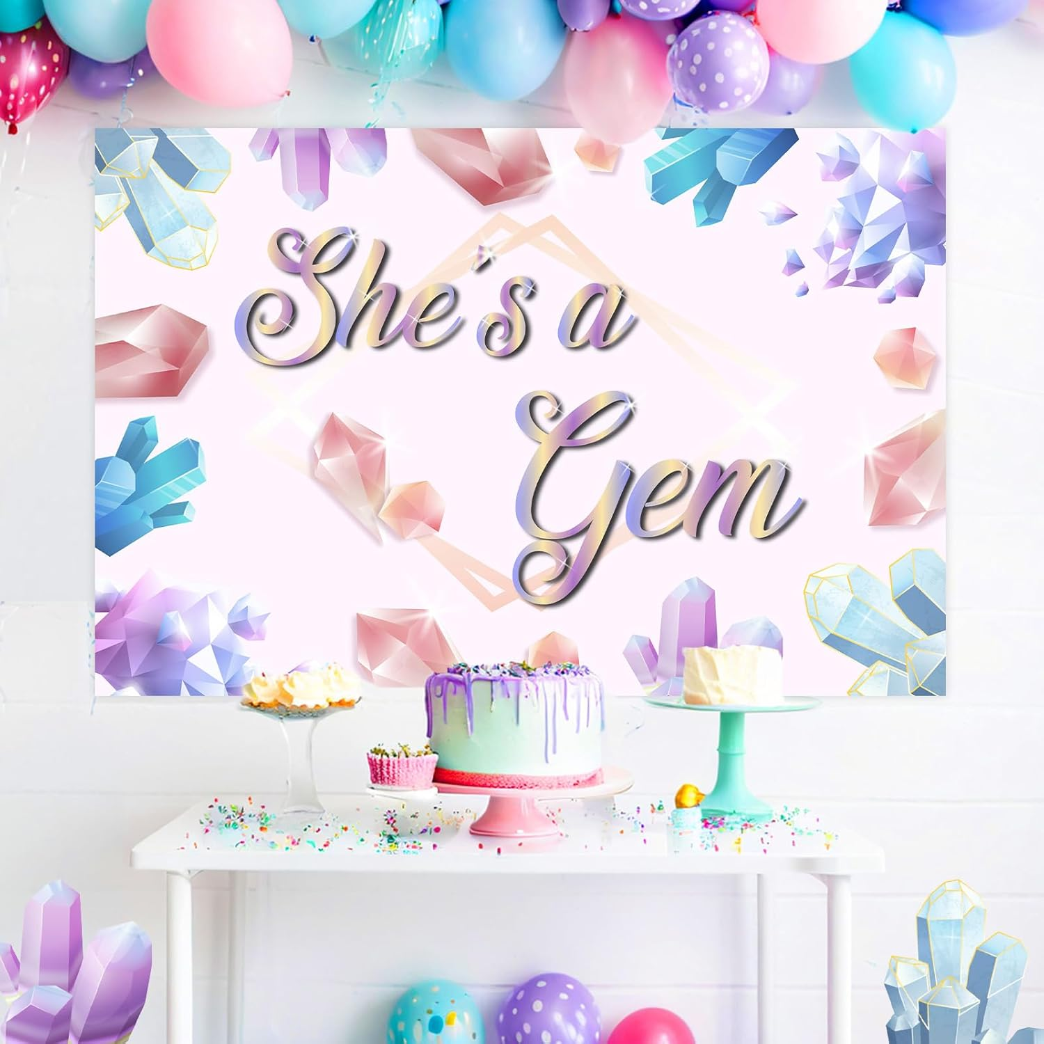 Wonmelody Gem Party Decorations for Girls 5 * 3 Ft She'S a Gem Backdrop Banner Geology Birthday Party Backdrop Jewel Birthday Party Decoration for Colorful Rocks and Minerals Treasure Diamond Party image number 5