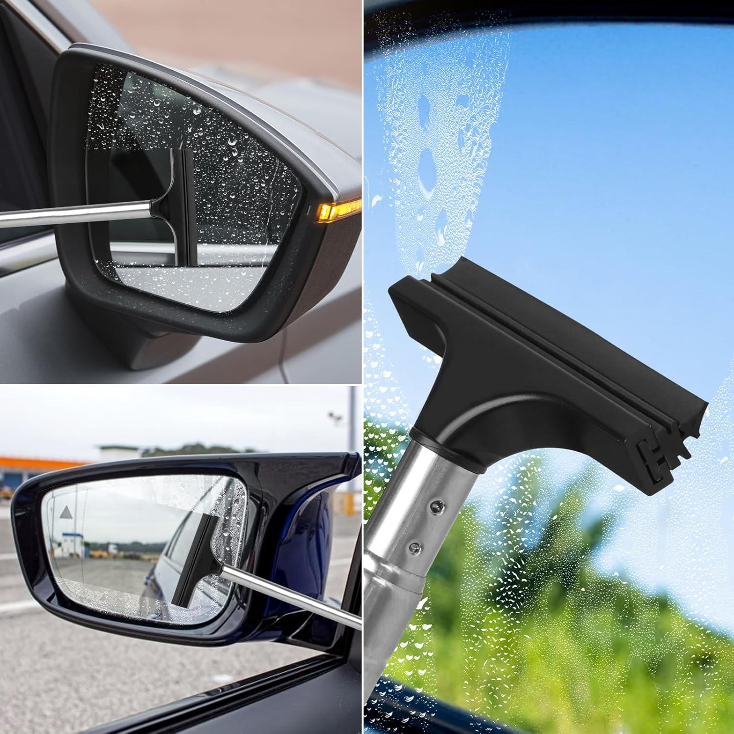 2 Pcs Car Mirror Wiper, 38.6In Handle Car Side Mirror Squeegee, Mini Squeegee for Rainy Foggy Weather image number 4