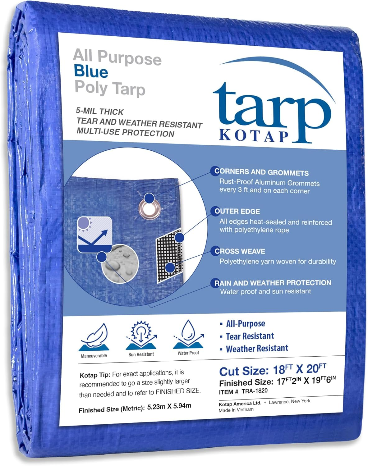 Kotap 18 X 20 Ft. All-Purpose Multi-Use Protection/Coverage 5-Mil Poly Tarp, Waterproof, Blue, (TRA-1820) image number 4