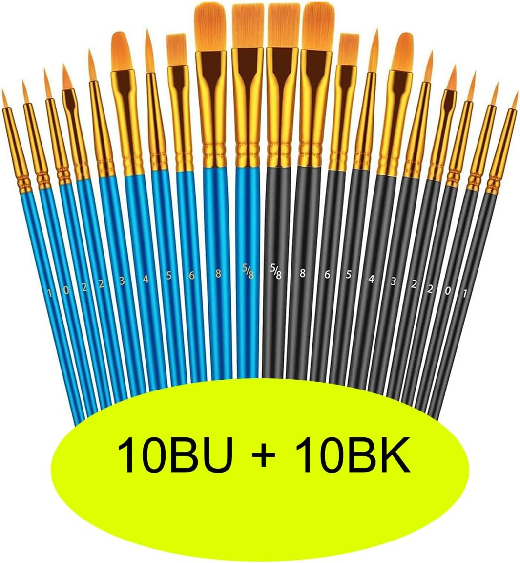 Paint Brushes Set, Flat round Pointed Tip Paint Brushes for Fine Detailing Art Painting Acrylic Watercolor Oil Gouache Tempera and Body Painting (Blue 10Pcs+Black 10Pcs) image number 1
