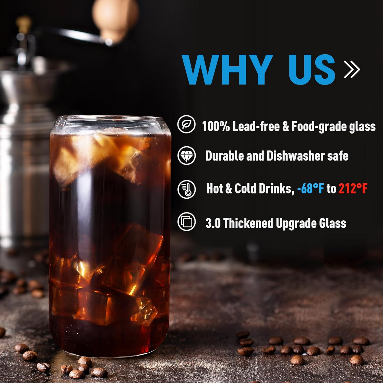 Drinking Glasses with Bamboo Lids and Glass Straw,16Oz Can Shaped Glass Cups, Beer Glasses, Iced Coffee Cups, Clear Glass Tumbler with Straw, for Cocktail, Whiskey, Gift Set(6 Pack)