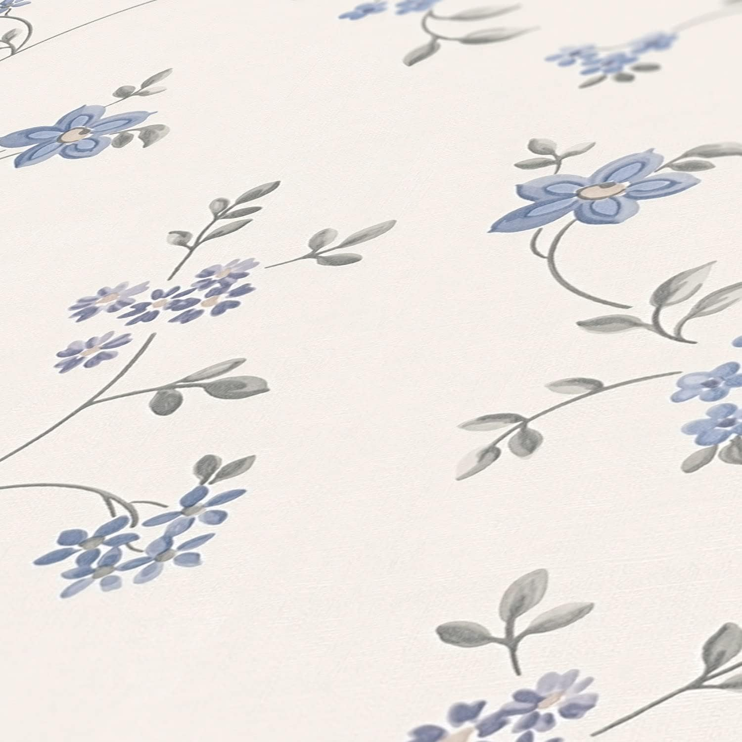 A.S. Cr&eacute;ation Maison Charme Non-Woven Wallpaper with Floral Pattern 0.53 X 10.05 M - Cream, Grey, Blue - Flower Wallpaper in Country House Style, Made in Germany - 390713 image number 1