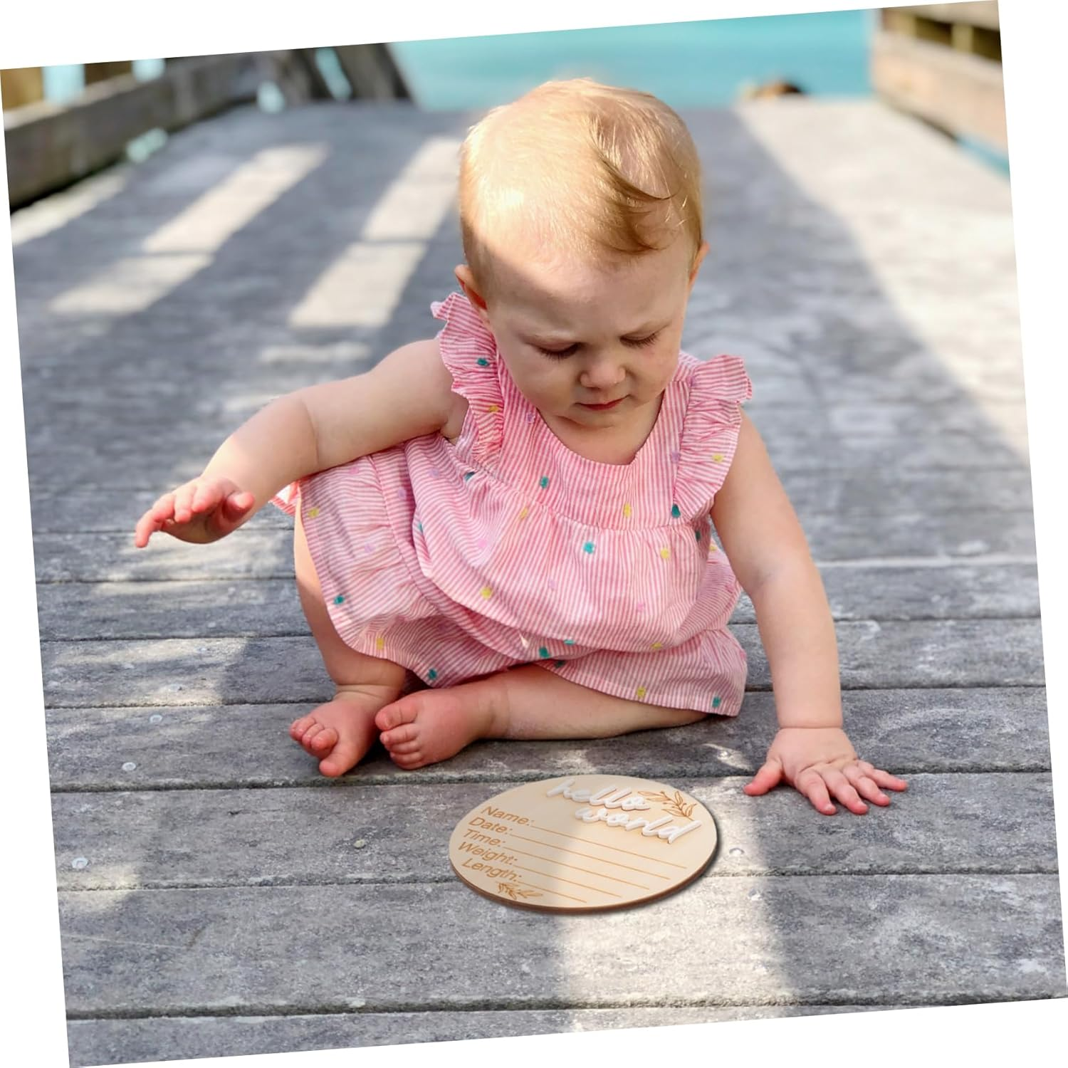 2Pcs Newborn Wooden Name Announcement Sign round Birth Milestone Plaque Celebrate Growth Smooth Polished Natural Wood Keepsake for Parties and Souvenirs image number 1