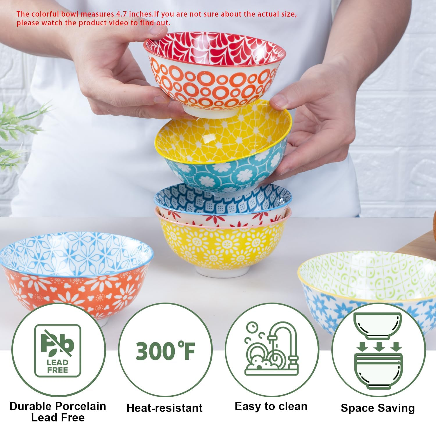 10Oz Colorful Ceramic Bowls,4.7In Small Cereal Bowl Set of 6 for Ice Cream,Dessert,Porcelain Bowl for Dipping, Sauce, Dishwasher Oven Safe image number 7