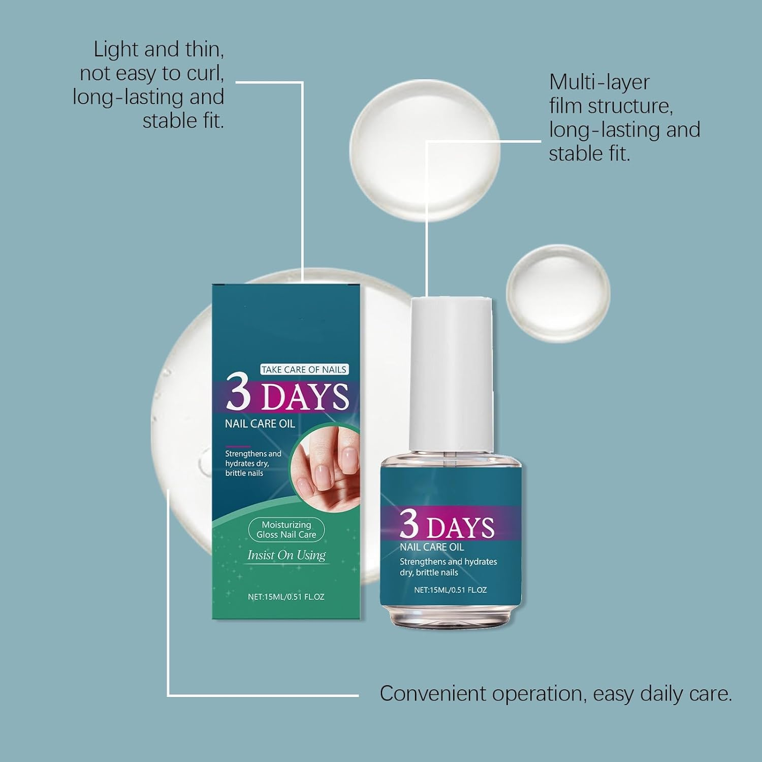 3 Days Nail Care Oil, Nail Strengthener & Hydrator Hydrates for Dry Brittle Nails, Cuticle Oil for Nails Growth for Damaged,Discolored, or Weak Toenails & Fingernails, Lightweight, Gentle (1PCS) image number 1