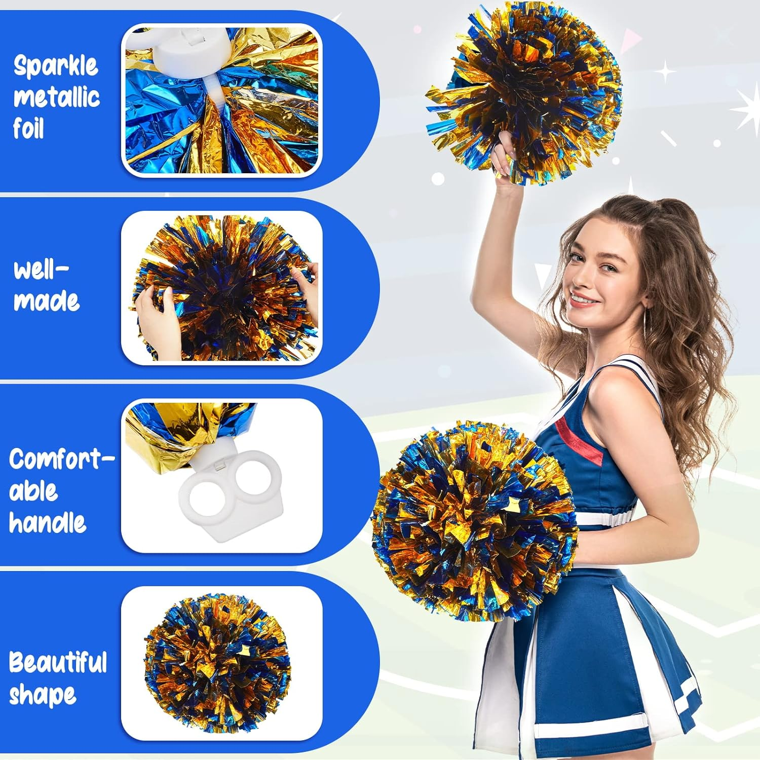 24 Pcs Metallic Foil Cheerleading Pom Poms with Plastic Finger Holes Cheerleader Pom Poms 80G Cheer Pom Poms for Dance, Matches, Team Sports, Stage Performance, Carnival Celebration (Blue/Gold) image number 5