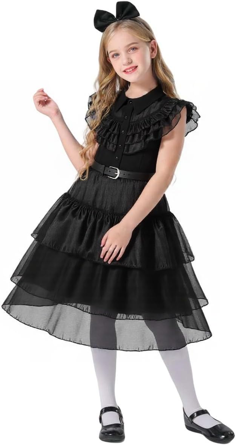 Black Addams Costume for Girl Family Dress up Halloween Outfits Costumes Cosplay Party Dress with Wig,Necklace image number 5